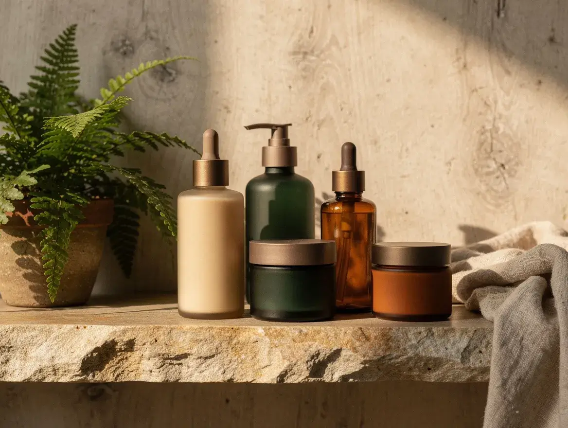 Clean beauty routine products arranged on a natural stone shelf