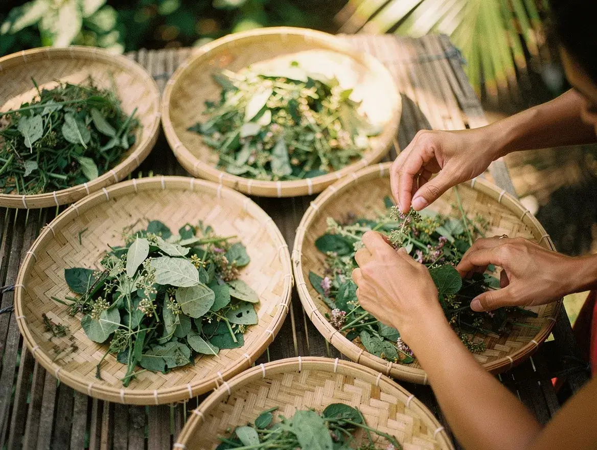 Wild-harvested botanicals being sorted into traditional Balinese baskets