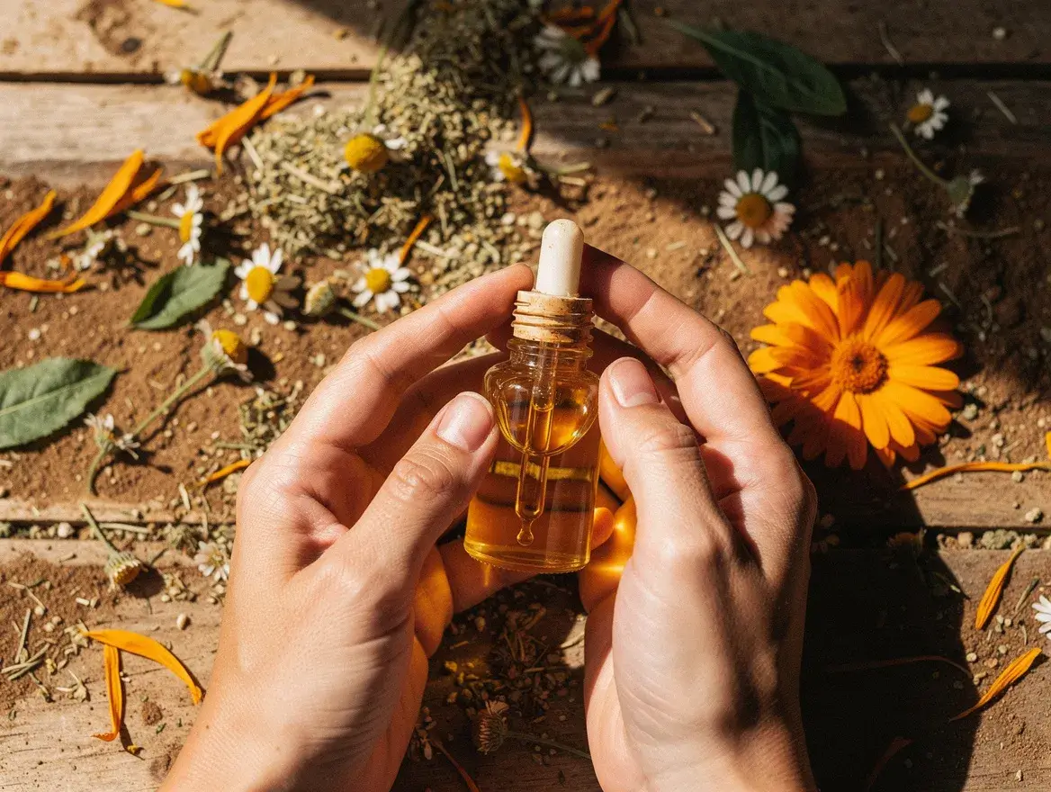 Glass dropper bottle of botanical face oil held in hands