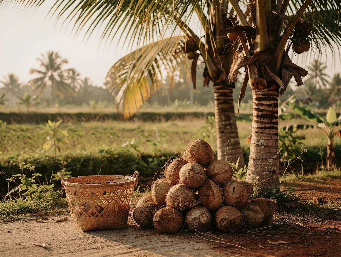 Balinese coconut palms with a basket of fresh coconuts at golden hour