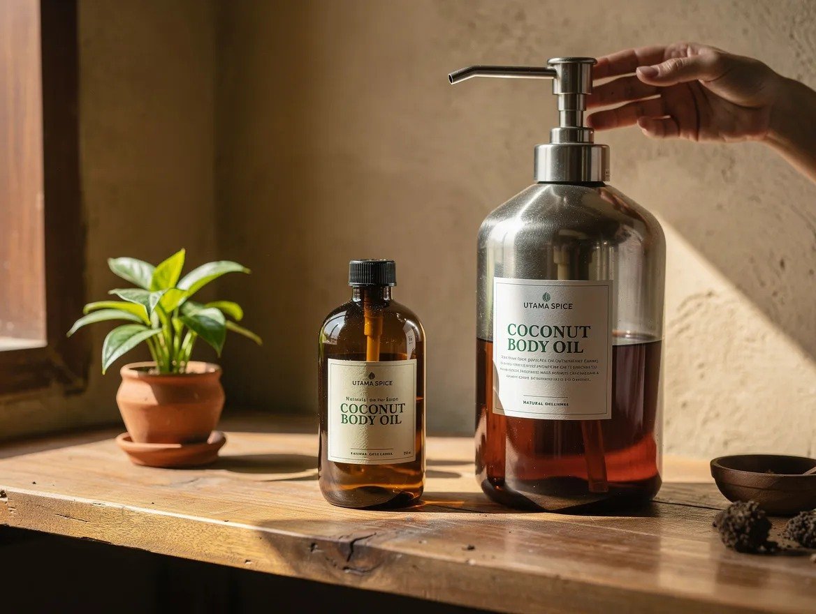 reusable amber glass bottle being refilled with coconut body oil at a wooden refill counter