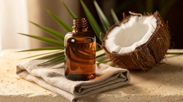 coconut body oil in an amber glass bottle beside a halved coconut on warm stone