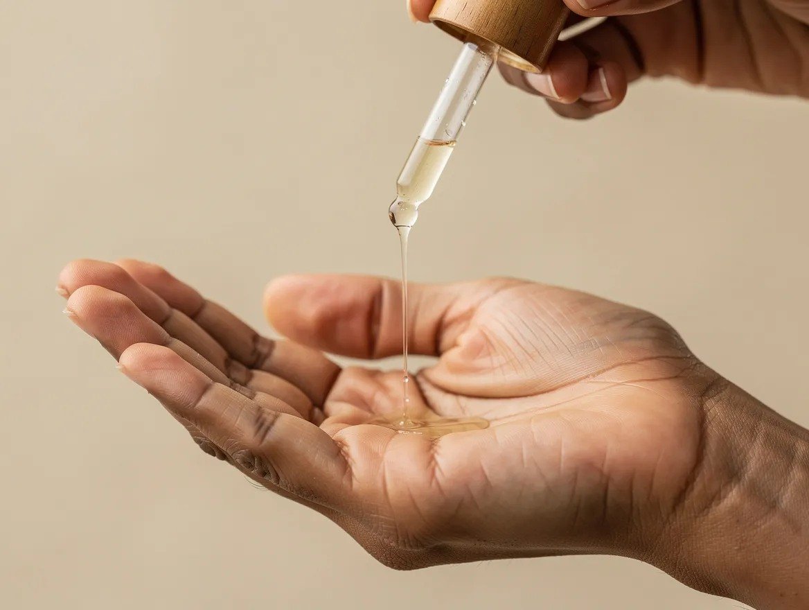 hand pouring coconut body oil from a glass dropper into a cupped palm