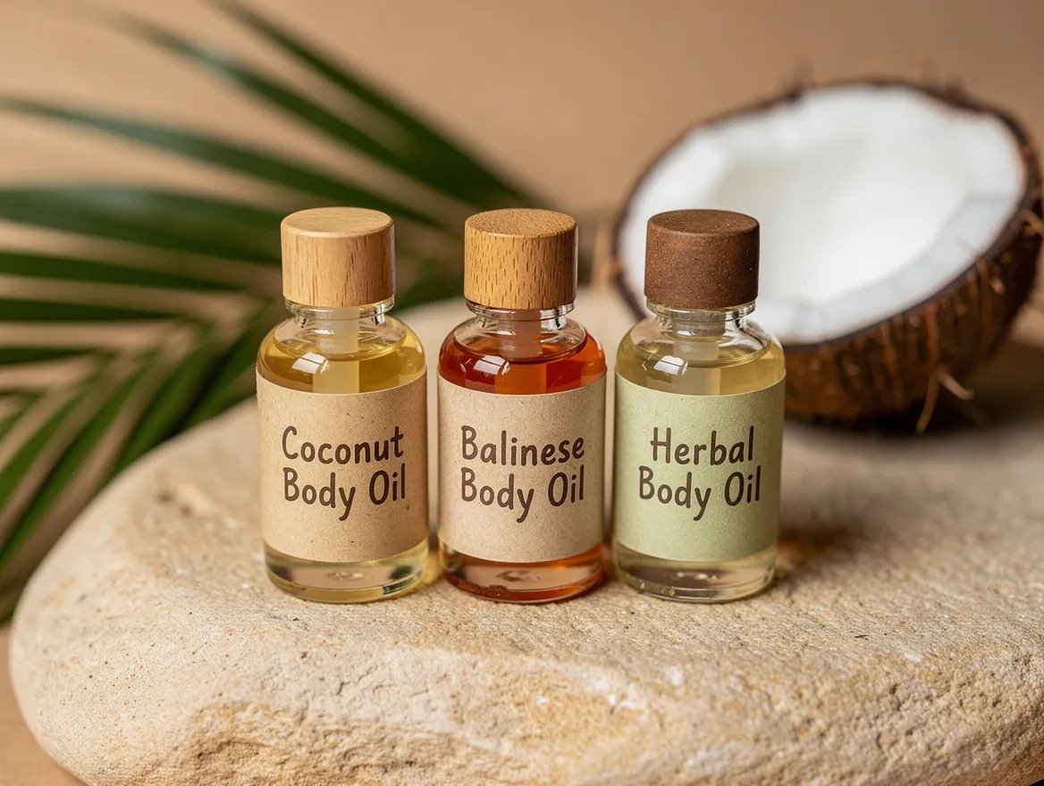three glass bottles of natural coconut body oil with hand-labeled tags