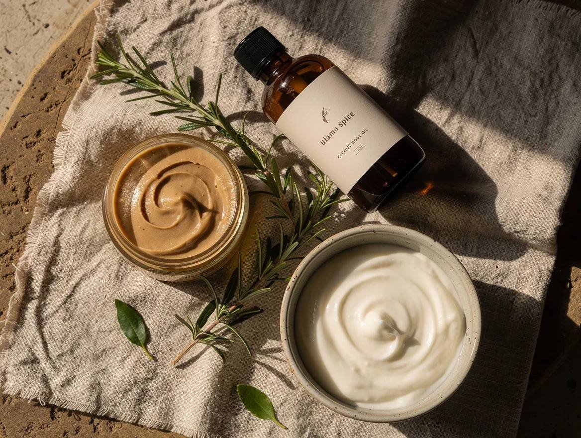 flatlay of coconut body oil, body butter, and lotion on raw linen