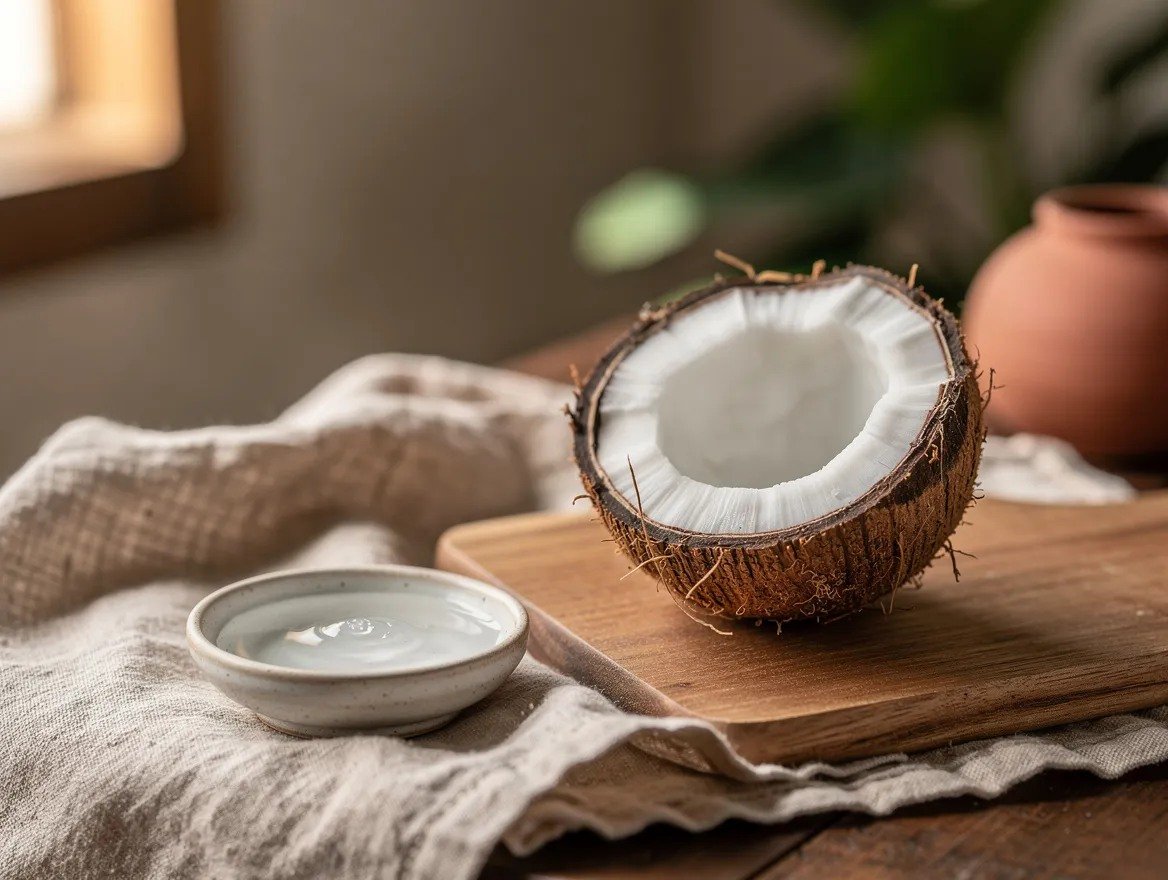 halved coconut and a dish of virgin coconut oil on a wooden board
