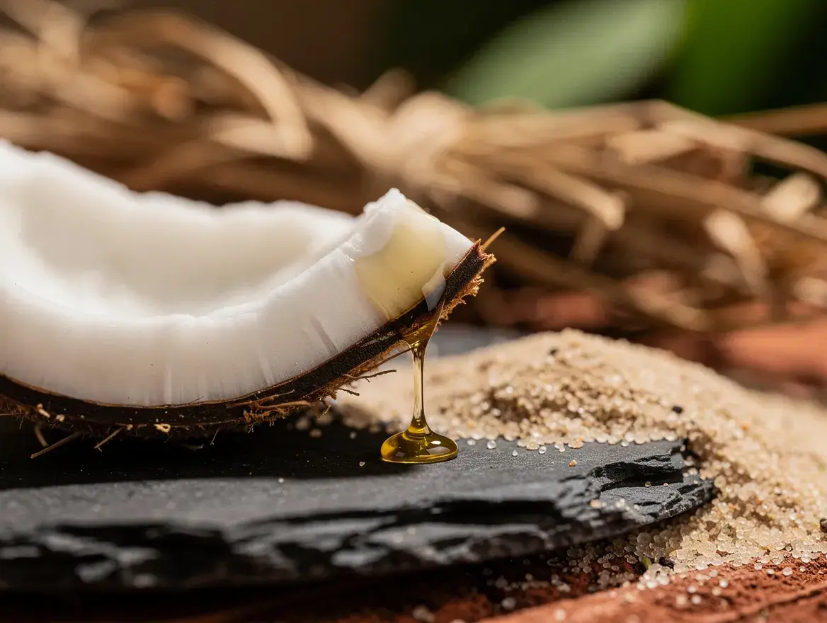 Macro view of fresh coconut meat releasing a drop of oil, illustrating fatty acid profile