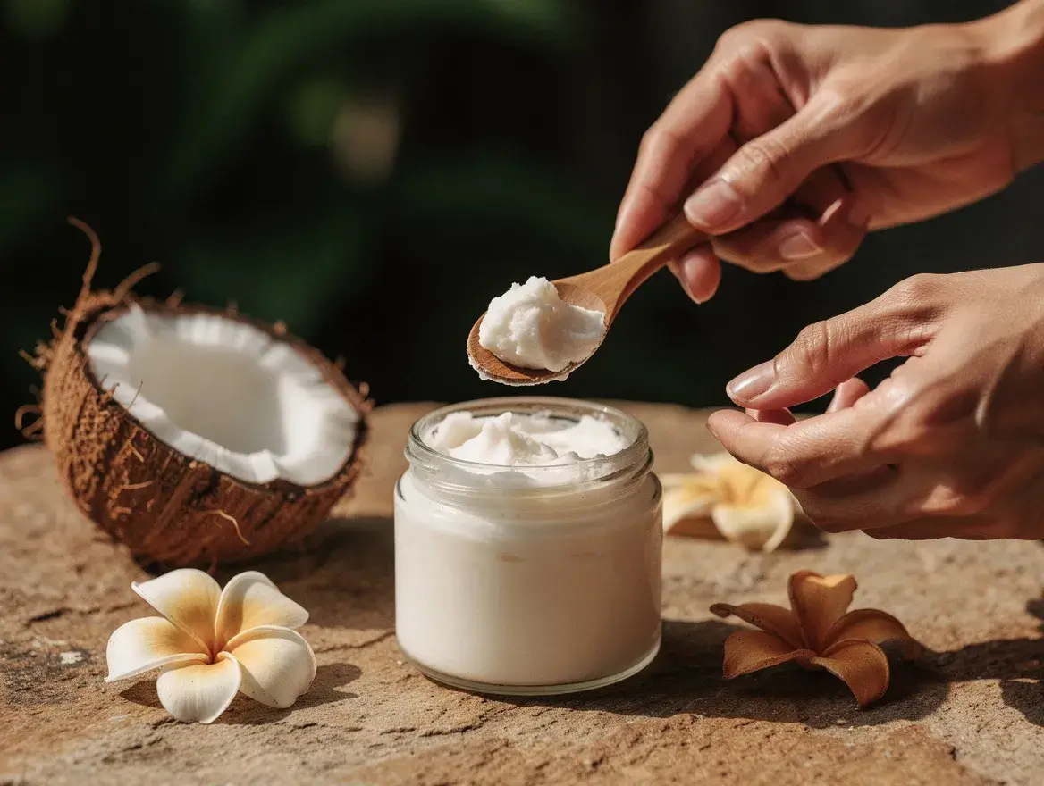 Hand scooping coconut body butter beside a fresh coconut half during a Balinese skincare ritual