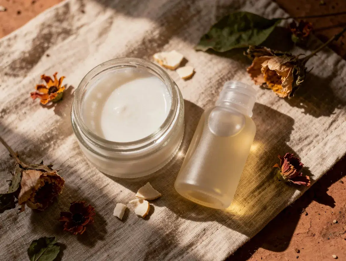 Raw coconut oil jar next to a formulated coconut lotion bottle showing the comedogenic problem solved by formulation