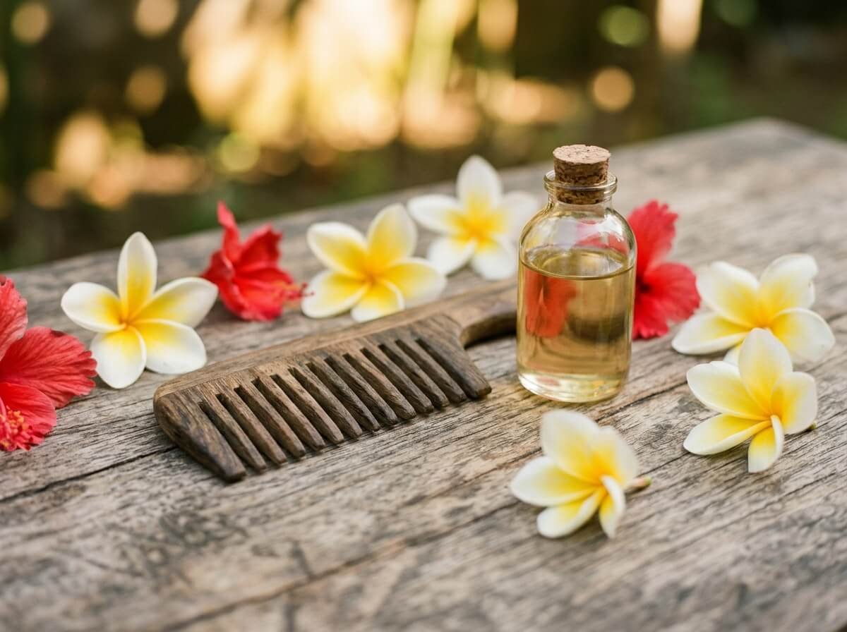 coconut oil for hair and scalp treatment with wooden comb