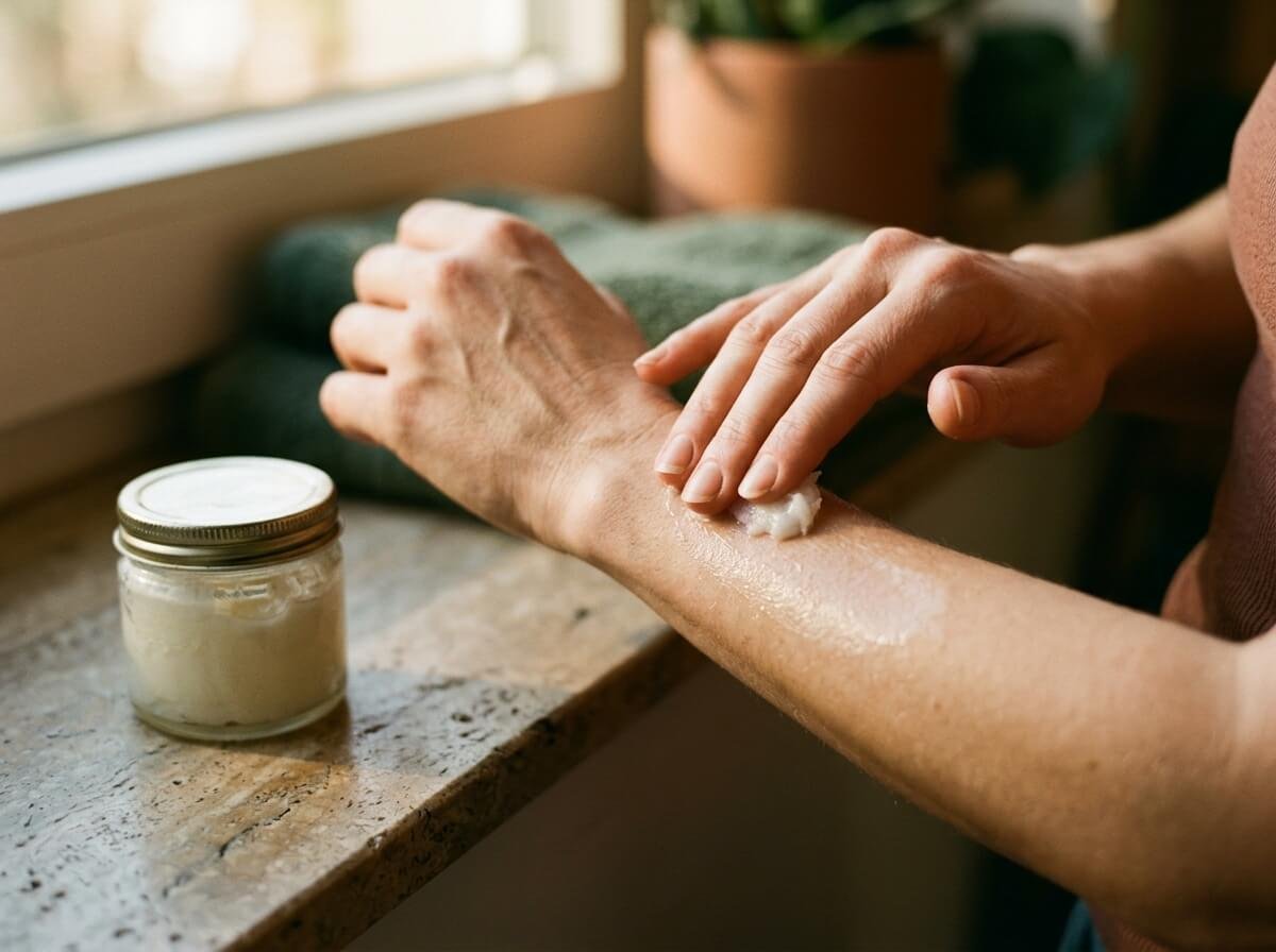 applying coconut oil to skin as daily moisturizer