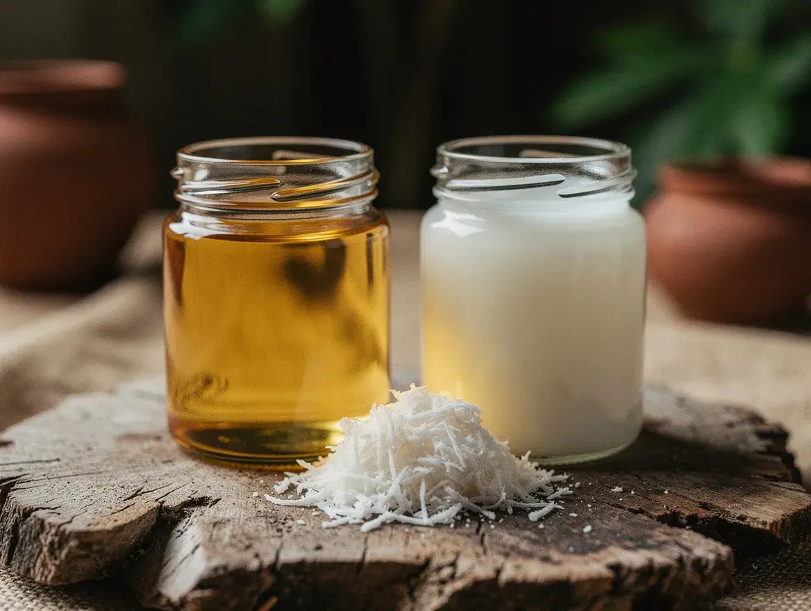 Virgin versus refined coconut oil compared in two glass jars on wood