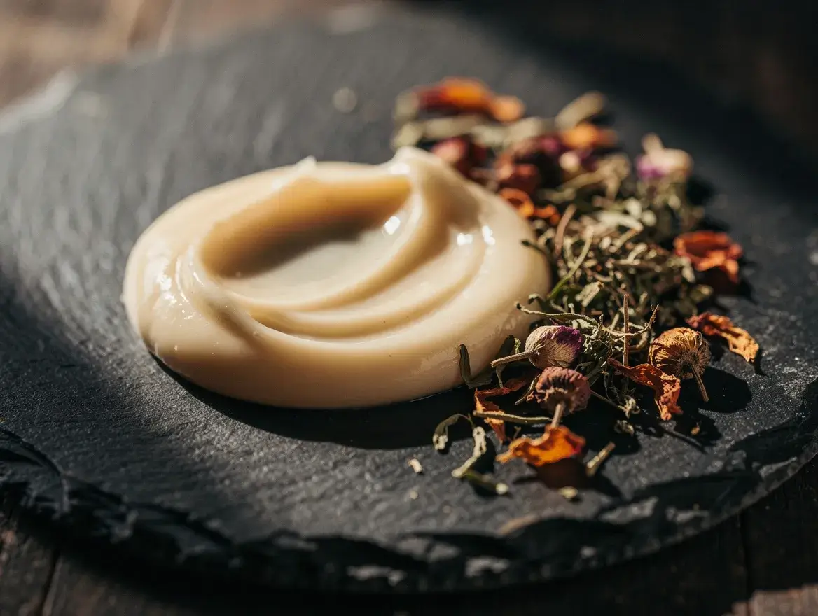 a dollop of pale ivory coconut liquid soap on a slate plate