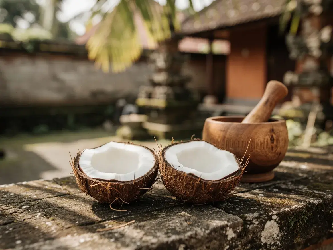 halved Balinese coconut on stone surface beside a wooden mortar
