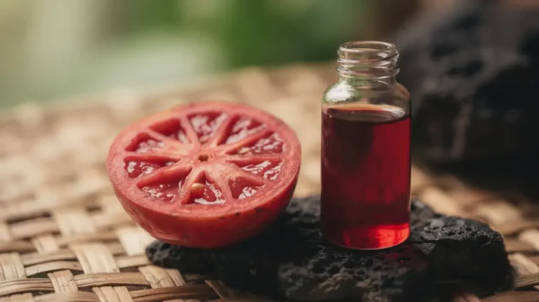 Halved red Buah Merah fruit beside a vial of red-fruit oil on rattan and stone