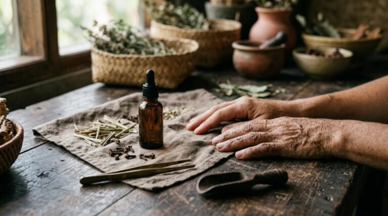 Two hands resting side by side on a wooden workbench beside an amber dropper bottle