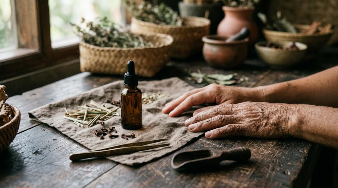 Two hands resting side by side on a wooden workbench beside an amber dropper bottle