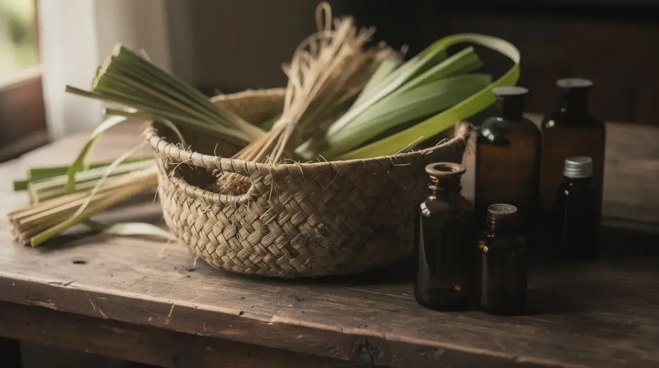 Handwoven basket and dried botanicals on a weathered wooden table
