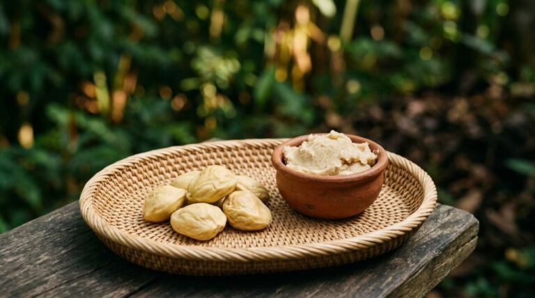 Wild-harvested illipe butter nuts and raw butter on a rattan tray with tropical foliage