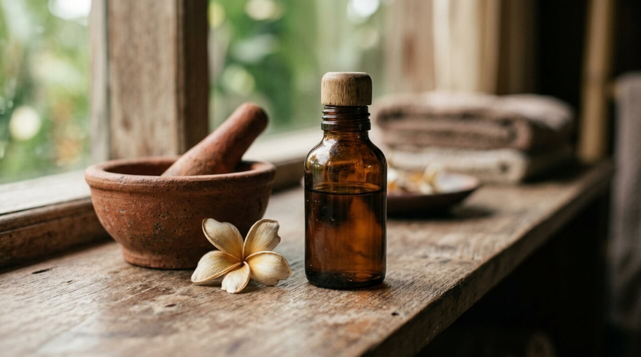 Amber glass oil bottle resting on worn teak shelf in soft morning light