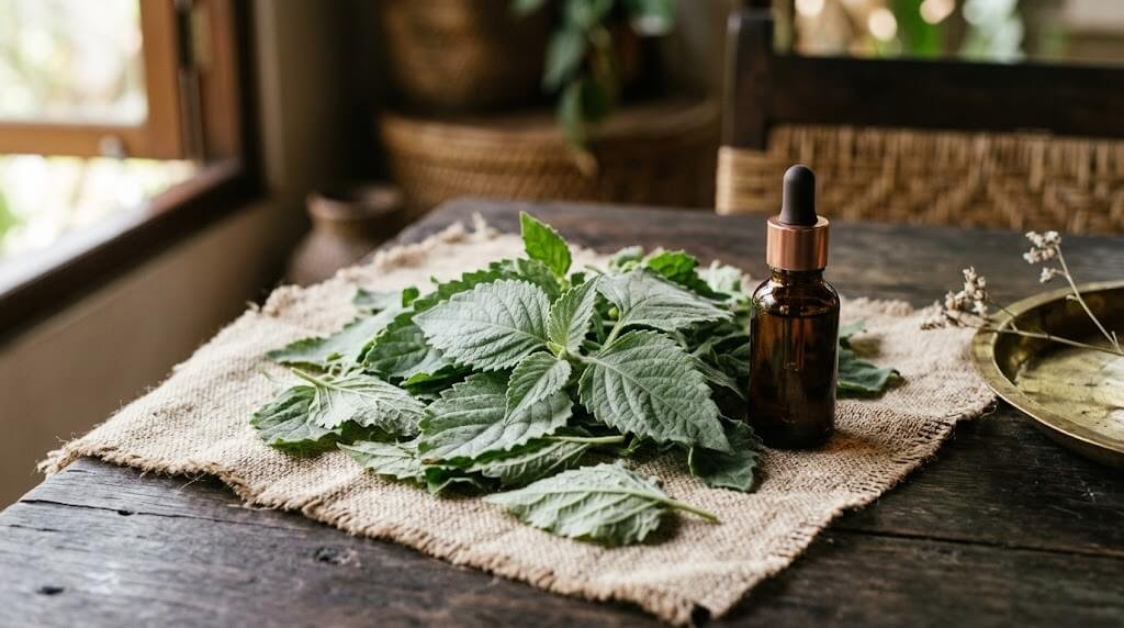 Patchouli leaves and amber dropper bottle on linen