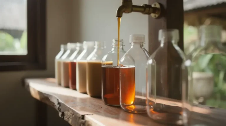 refill station in Bali with glass bottles being filled with liquid soap