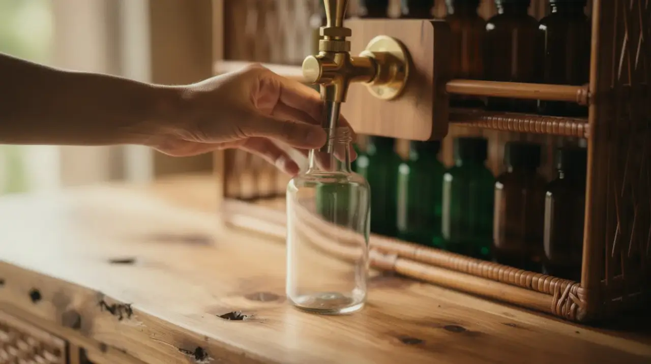 Glass bottle being refilled at a wooden refill station with brass tap