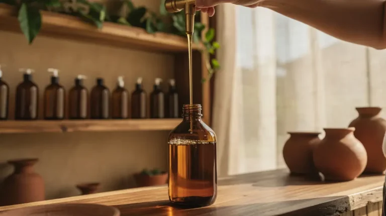 Amber glass bottle being refilled with golden oil from a brass tap at a Balinese apothecary counter