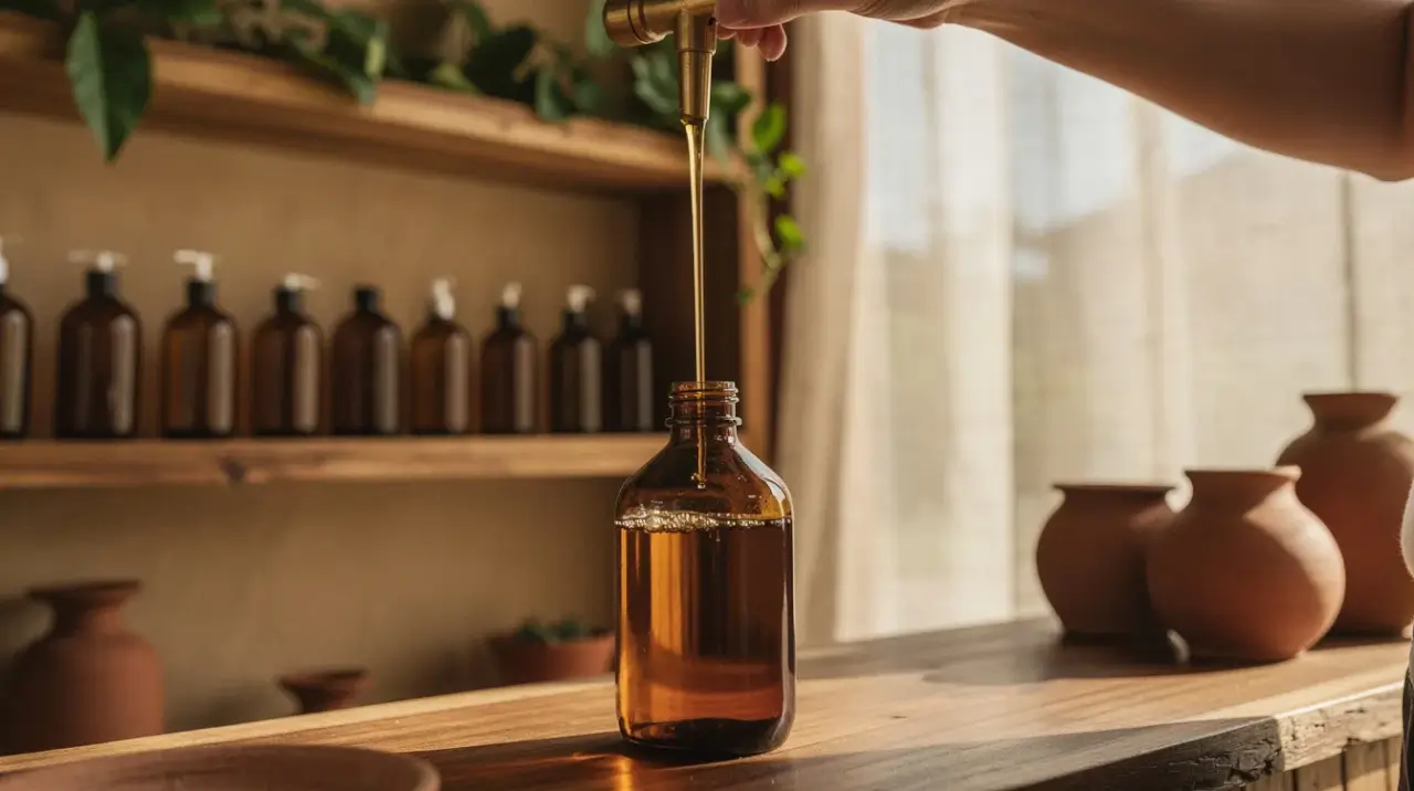Amber glass bottle being refilled with golden oil from a brass tap at a Balinese apothecary counter