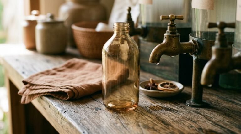 Clear glass refill bottle beside a brass refill tap on a teak counter