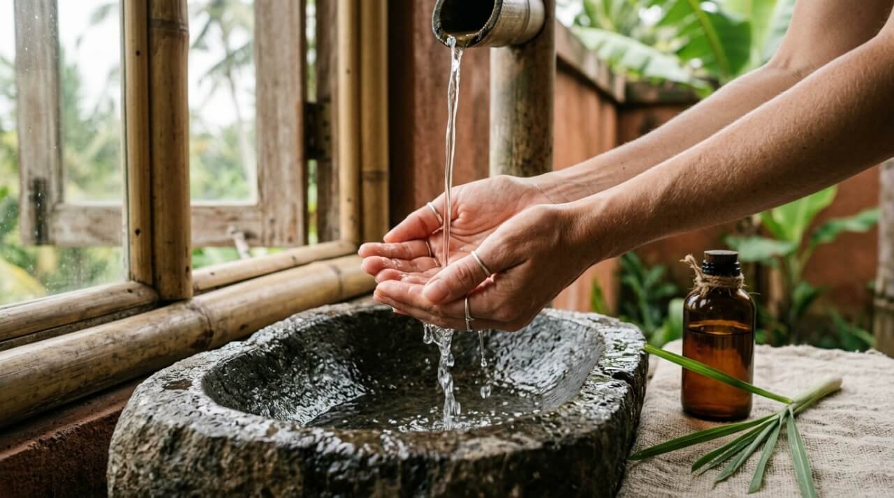 Hands held under a gentle stream of water at a stone basin with a bottle of natural liquid soap and a sprig of lemongrass on linen