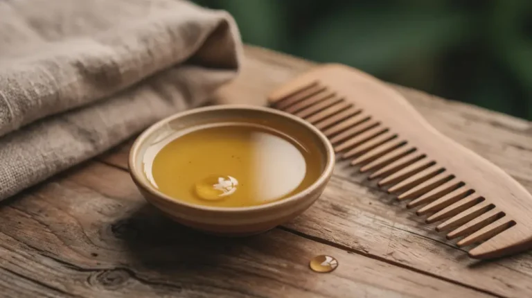 ceramic dish of golden hair oil with a wooden comb and folded linen towel on teak