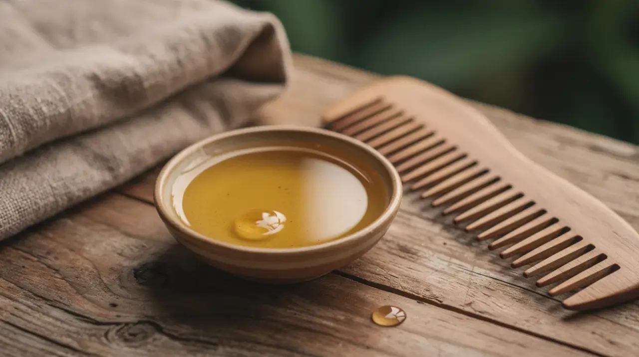 ceramic dish of golden hair oil with a wooden comb and folded linen towel on teak