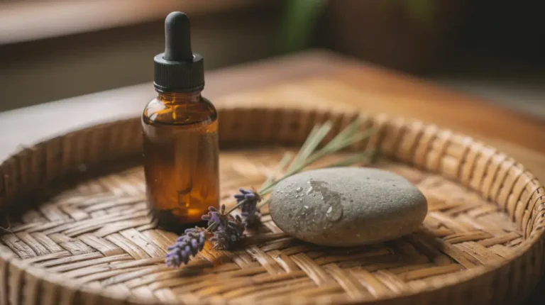 Amber glass dropper bottle with lavender sprig and stone on a rattan tray