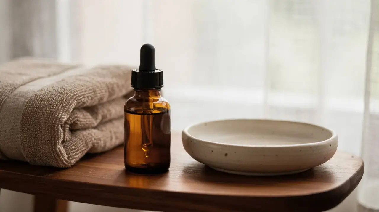 Amber glass body oil bottle on a teak bath stool beside a folded linen towel in soft morning light