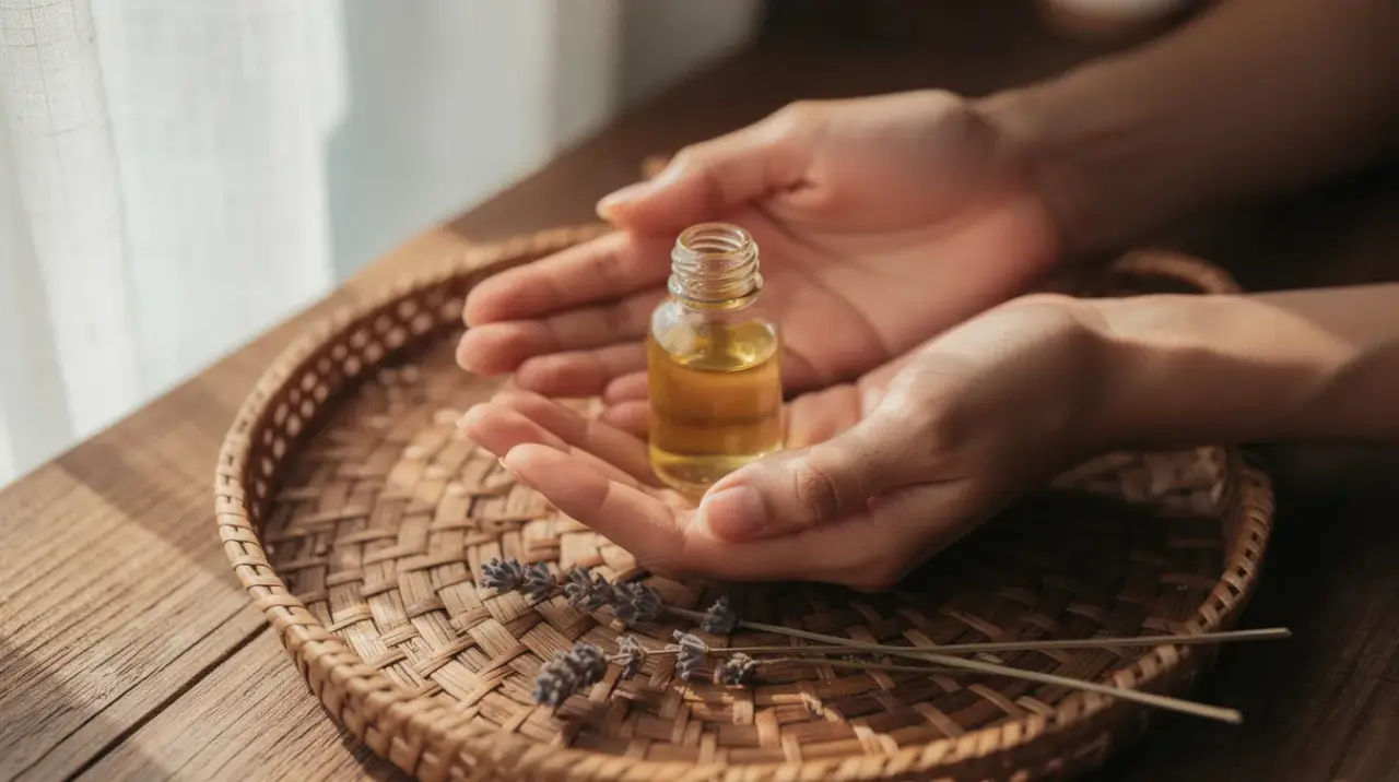 Glass bottle of golden face oil on rattan tray in soft morning light