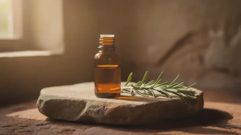 Amber glass bottle of botanical oil with rosemary sprig on stone slab in morning light