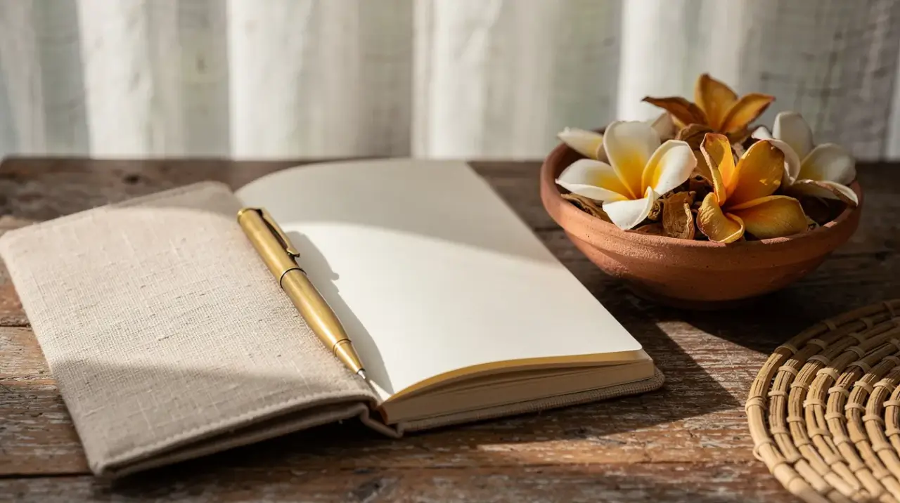 Open cotton-bound notebook and brass pen on a weathered teak desk in soft morning light