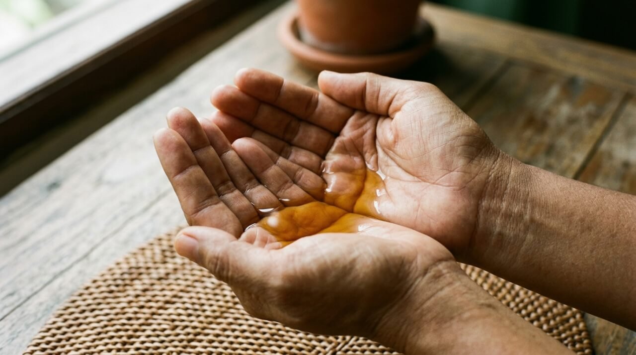 Cupped hands warming amber oil between palms in soft window light