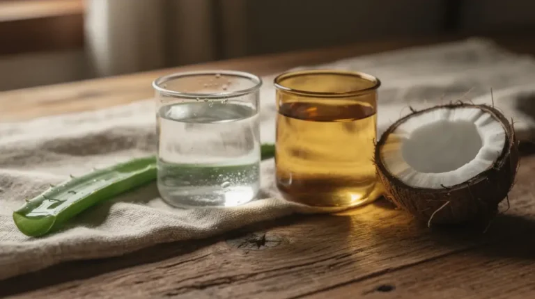 Glass of water beside amber glass of plant oil on linen and teakwood, illustrating hydration and moisture.
