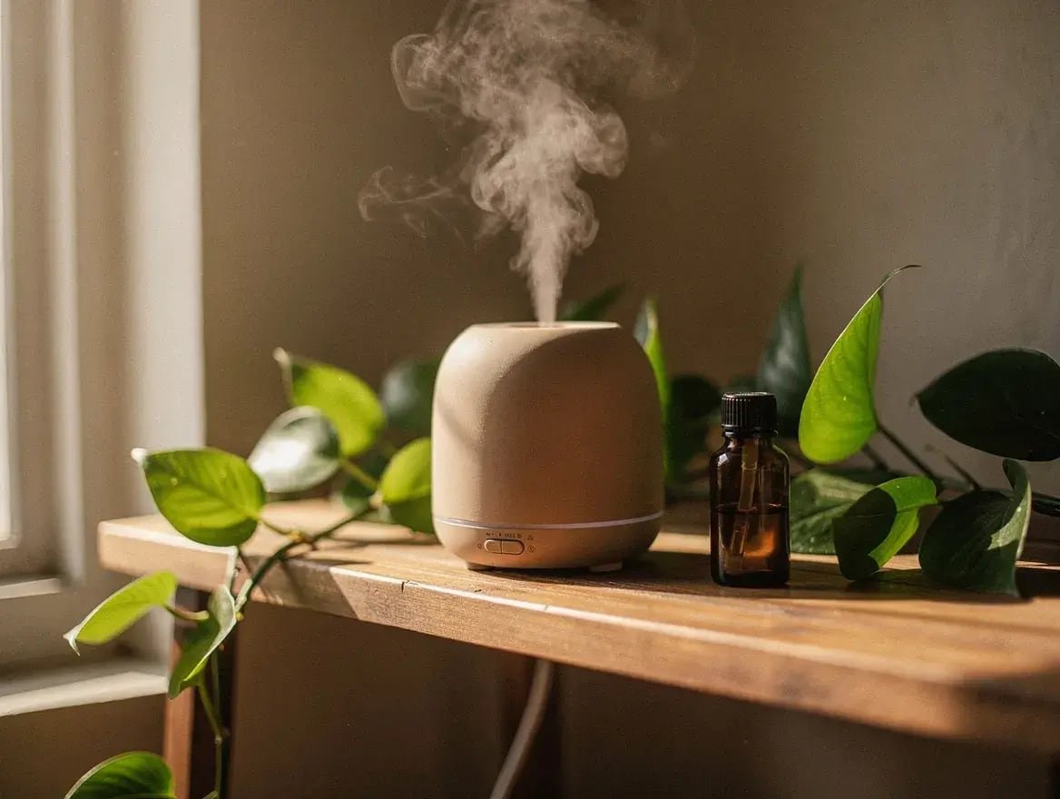 essential oil diffuser humidifier releasing mist beside botanical oils