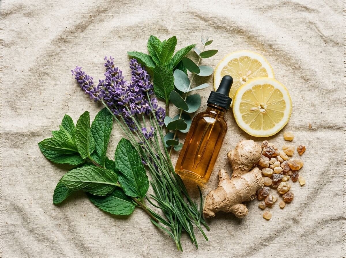 botanical ingredients for the most useful essential oils laid out on cotton