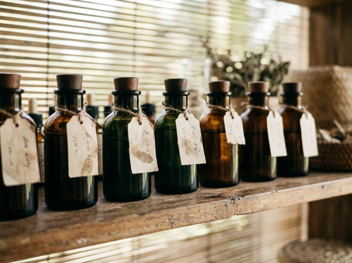 row of amber essential oil bottles with handwritten tags on a teak shelf