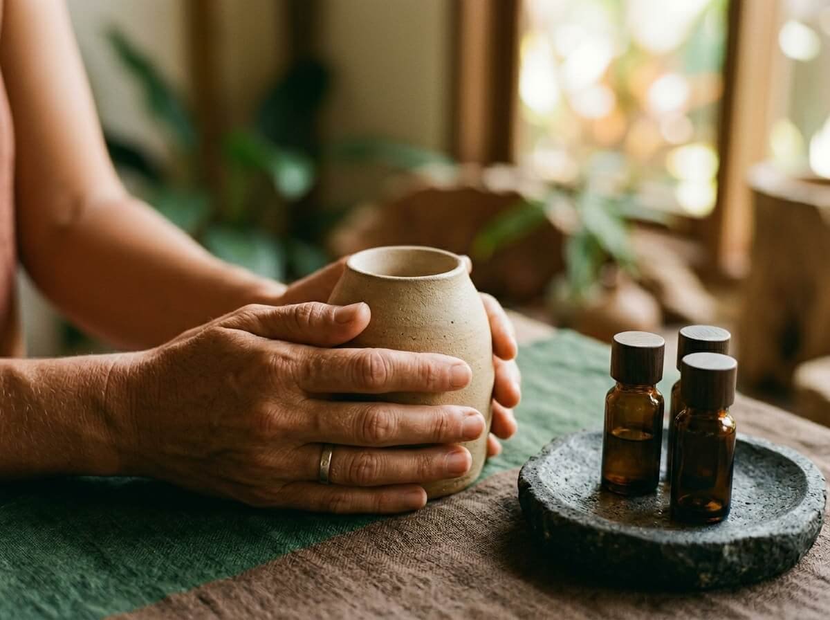 hands holding a ceramic diffuser releasing vapor near three essential oil bottles