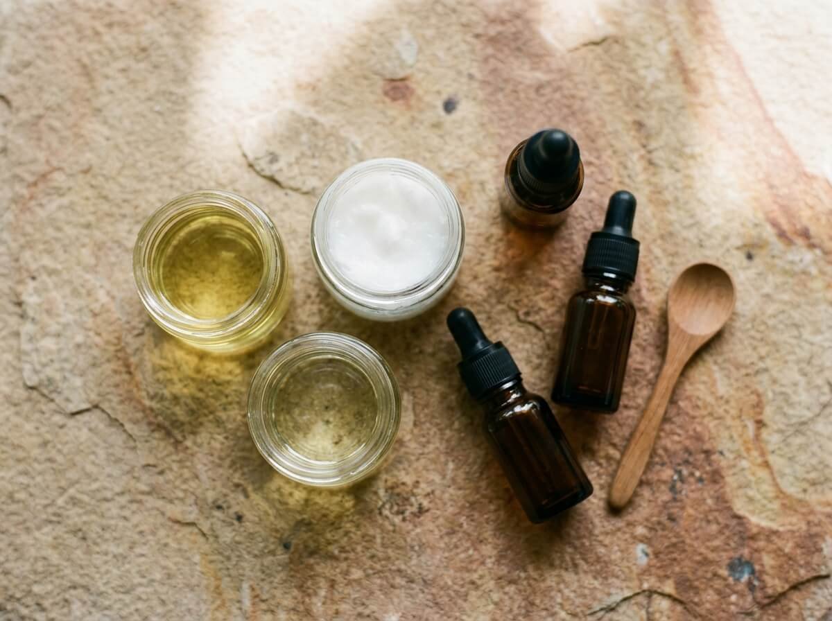carrier oils and essential oil bottles arranged for safe dilution