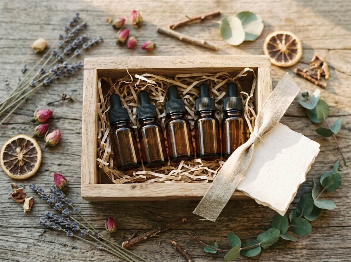 essential oils uses chart set with five amber bottles in a wooden frame