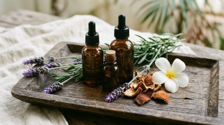 essential oils for stress and anxiety arranged on a wooden tray with lavender and bergamot
