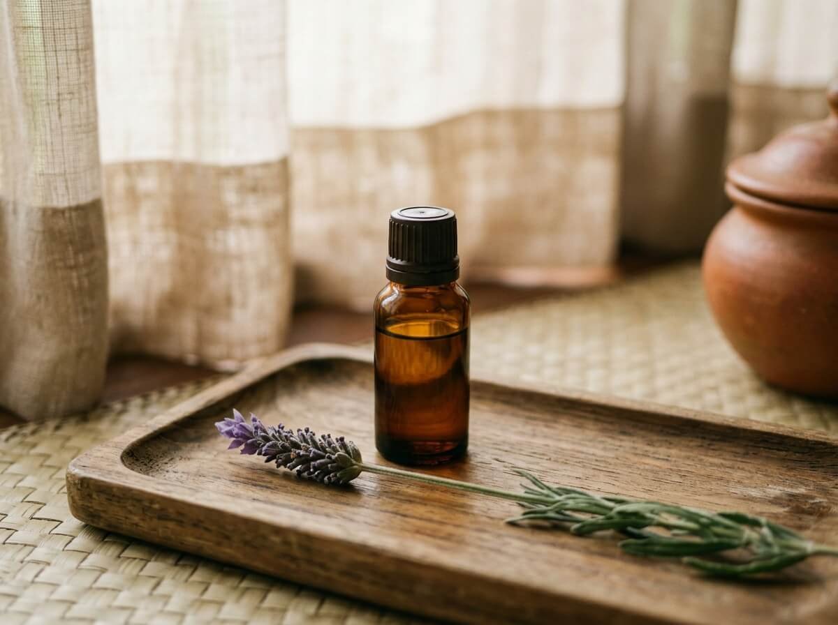 Soft morning light through linen curtains, a small amber bottle of essential oil resting on a wooden tray with a sprig of lavender, calming Balinese still life