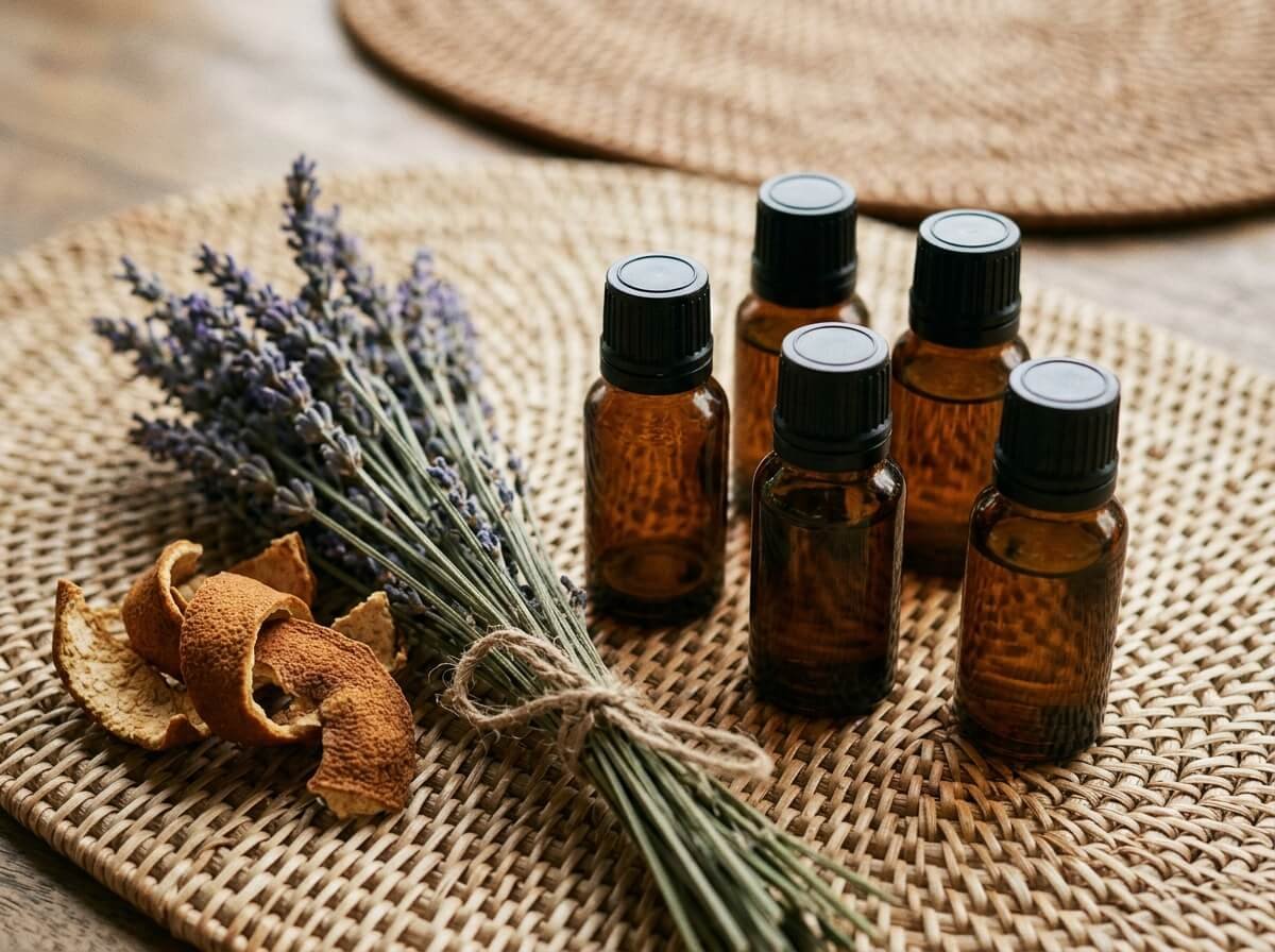 Five small amber glass essential oil bottles arranged on woven rattan, dried lavender and bergamot peel beside them, natural daylight, editorial wellness photograph