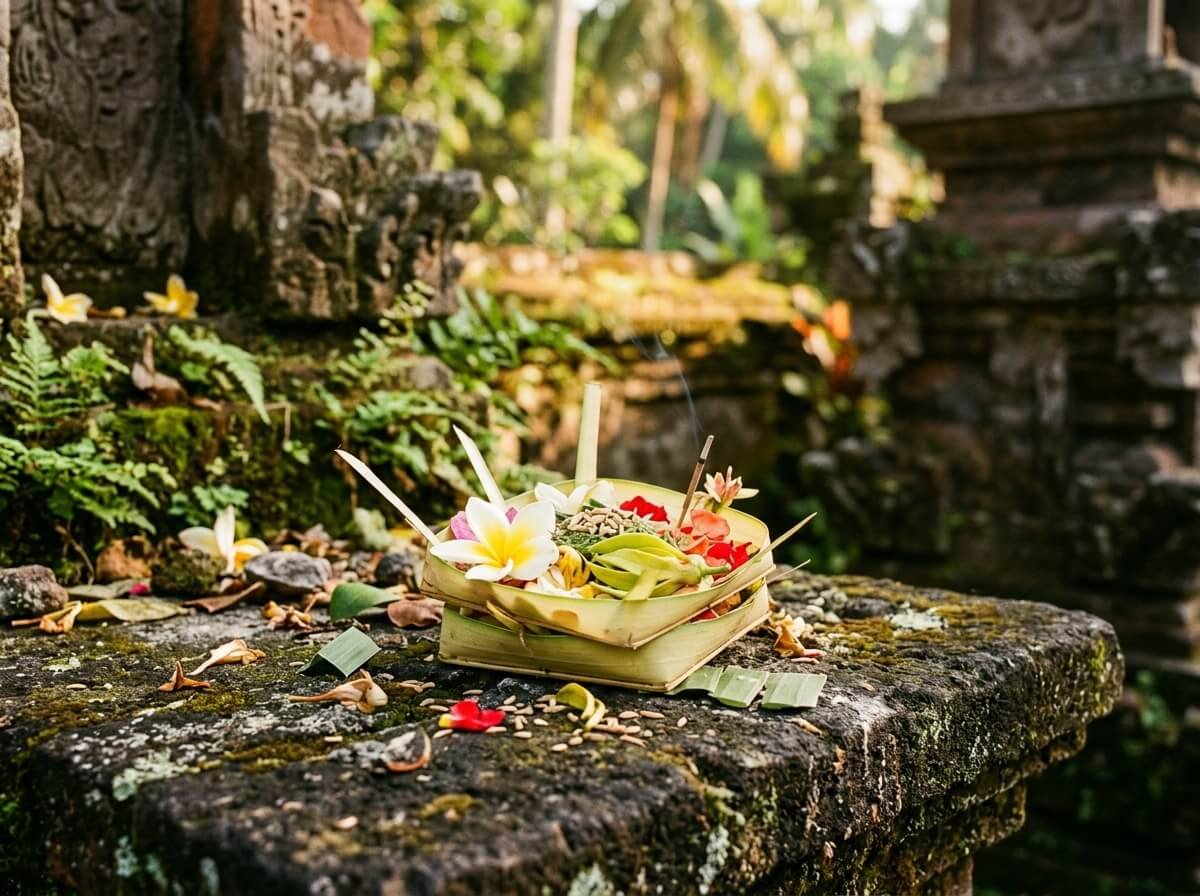 Small woven palm-leaf canang sari offering on a stone altar, fresh frangipani and cananga petals, soft Bali morning light, grounded and reverent